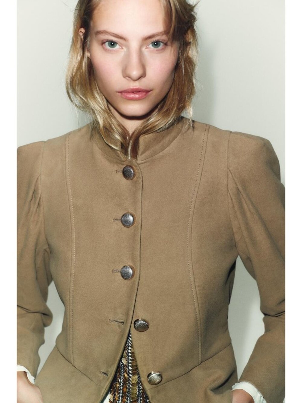 Zara Womens Blazer Suit Jacket L Brown Faux Suede Puff Sleeve 9073/118 NWT